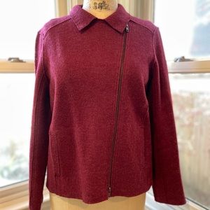 Maroon wool moto jacket with angled zipper.